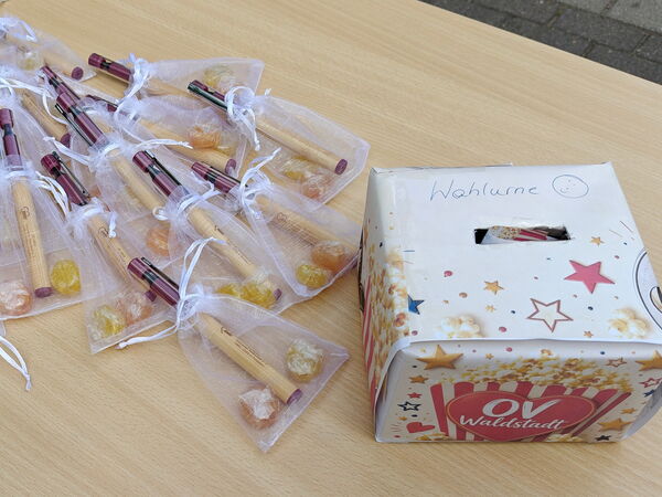 Kleine Tüten mit Stift und 2 Bonbons und rechts daneben eine kleine Pappschachtel mit Schlitz - Wahlurne steht darauf.