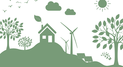 Bild: alles im matten grün gezeichnet: Bäume, Windräder und Solaranlagen. Ein Haus auf einem kleinen Hügel aus dem Schornstein kommt ein Blatt von einem Baum. Symbolisch für grüne Energie. Am Himmel, Vögel, Wolken Sonne.
