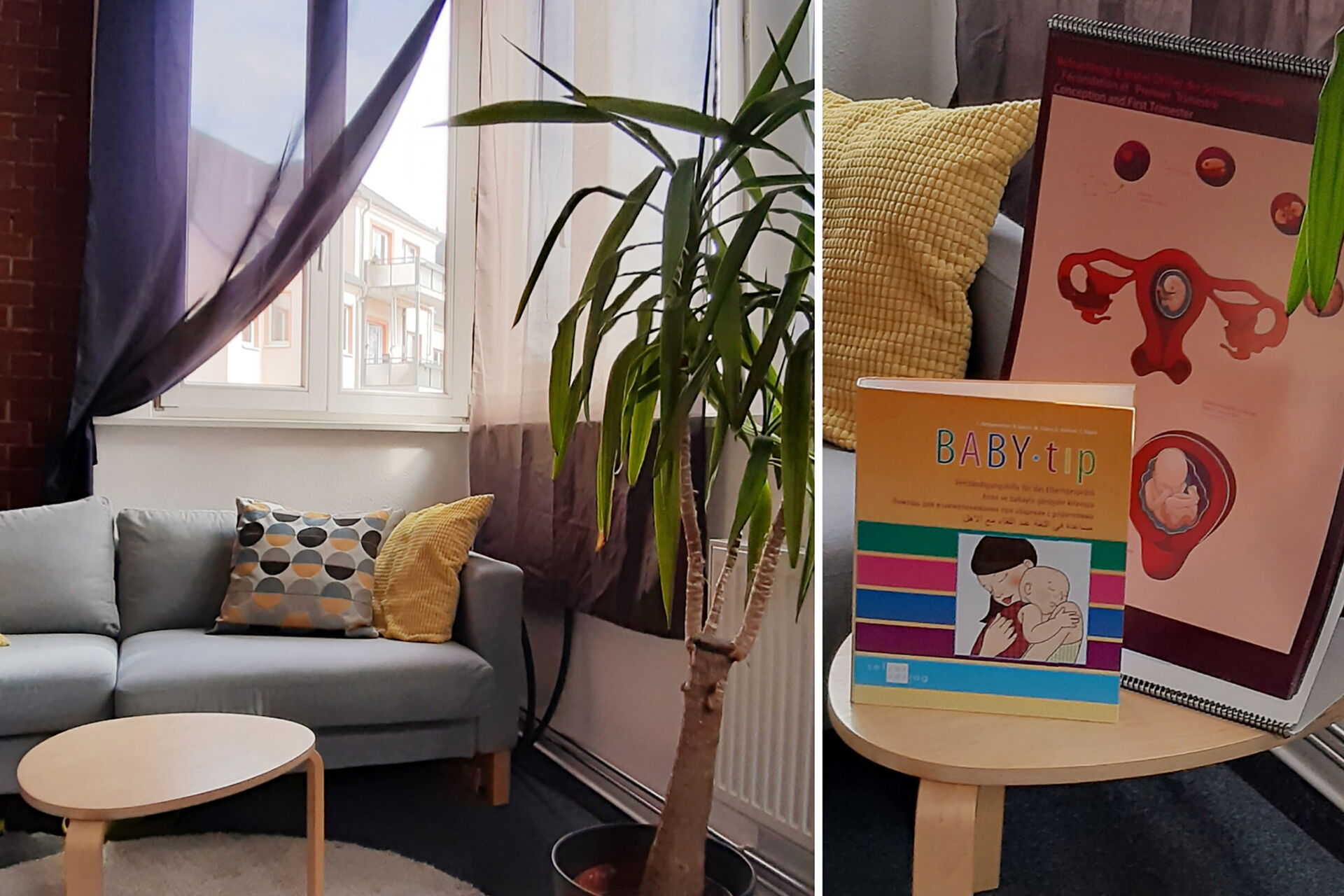 Collage: 2 Bilder. Gemütliche Sitzecke mit Couch, kleinem Holztisch und einer kleinen Palme, 2. Bild Nahaufnahme vom Tisch auf dem ein kleines Buch steht.