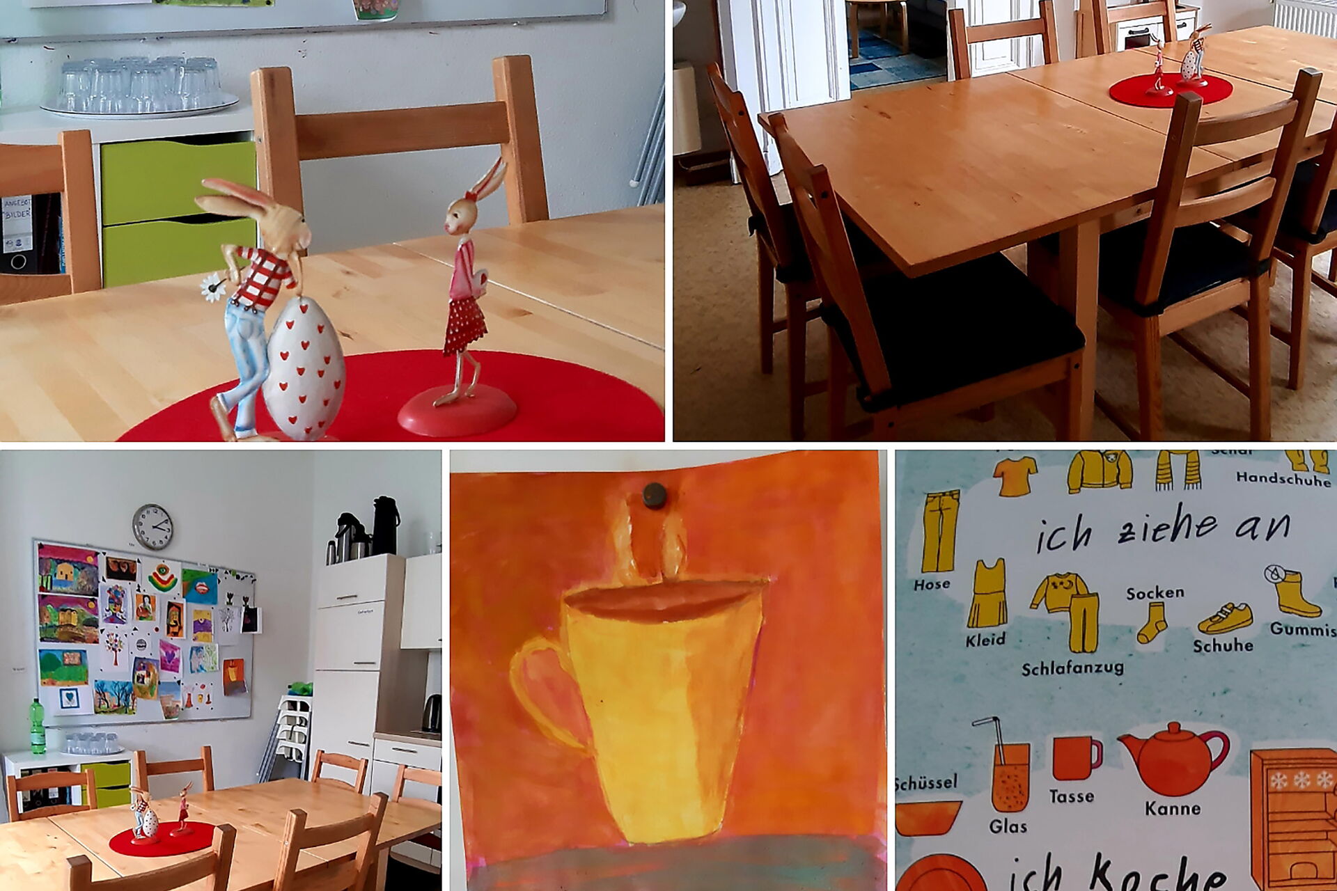 Collage: 5 Bilder. Küche, Küchentisch, ein Wandbild mit dampfender Tasse.