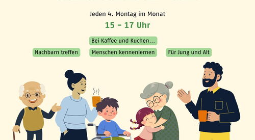 Grafik „Generationen-Café“ mit Illustration von Menschen verschiedener Altersgruppen und Text zu Termin „jeden 1. Montag, 15–17 Uhr“ sowie Logos am unteren Rand.