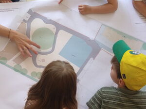 Großer Geländeplan liegt auf dem Tisch. Kinder sitzen rum herum. Eine Erwachsene mit blonden Haaren erklrt und zeigt auf eine Stelle des Plans. Von oben fotografiert.