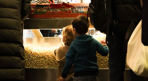 Zwei kleine Kinder stehen vor einem Tresen an dem Popcorn verkauft wird. Von hinten fotografiert. Junge in blauem Pullover/Jacke mit Kapuze. Er hat die Hand an er Scheibe das Popcorn-Verkaufs.