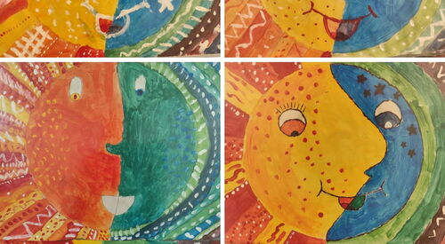 Collage 6 Kinderzeichnungen: Sonne (gelb, orange) Mond (blau, grün) vereint. Einige Bilder haben auch noch Sterne im Mond.