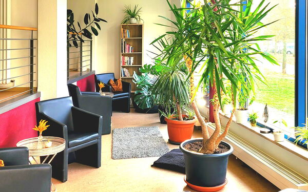 Rechts große Fenster und Grünpflanzen. Links vier schwarze Sessel dazwischen 2 runde kleine Lesetische, hinten im Raum ein Regal mit Büchern.