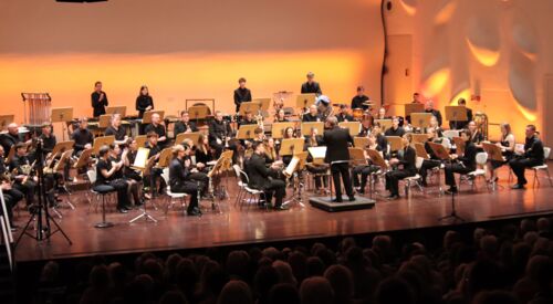 Gesamte Bühne, gesamtes Orchester. Dirigent in der Mitte mit Blick zum Orchester. Viele Frauen und Männer mit Blasinstrumenten, Streichinstrumenten und ein Schlagzeug. Die Bühne ist sanft beleuchtet.