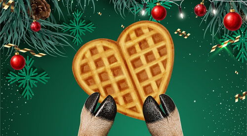 grüner weihnachtlicher Hintergrund. In die Mitte wird eine große Herz-Waffel gehalten.