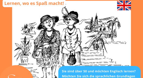 Werbegrafik der Sprachschule Potsdam mit Illustration 2 Frauen die sich unterhalten, orangefarbenem Hintergrund und Textfeldern mit Kursinformationen.