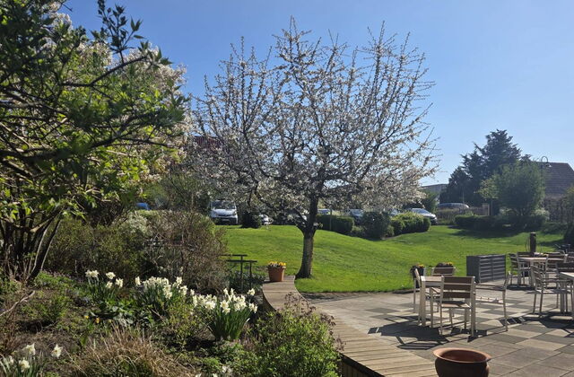 Links: Blumen, Bäume, Sträucher. Rechts Terrasse mit Tischen und Stühlen in der Sonne.