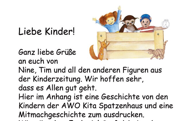 Ein kurzer Brief von Nine und Tim. In der oberen rechten Ecke ist ein Bild mit den Figuren aus Nine und Tim.