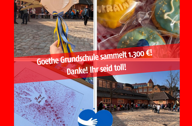 Bild mit vier Fotos und der Aufschrift: Goethe Grundschule sammelt 1.300 Euro