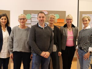 Gruppenbild. 4 Frauen, 2 Männer stehen vor Flipchart-Wänden mit Moderationskarten und Text.