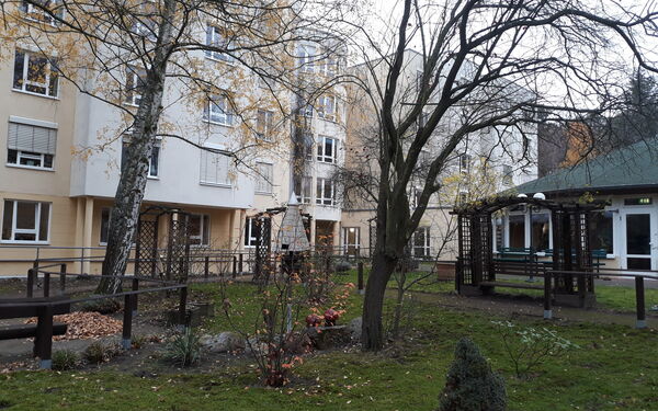 Wohnhause mit einer Wiese davor. Kahle Bäume und Sträucher.