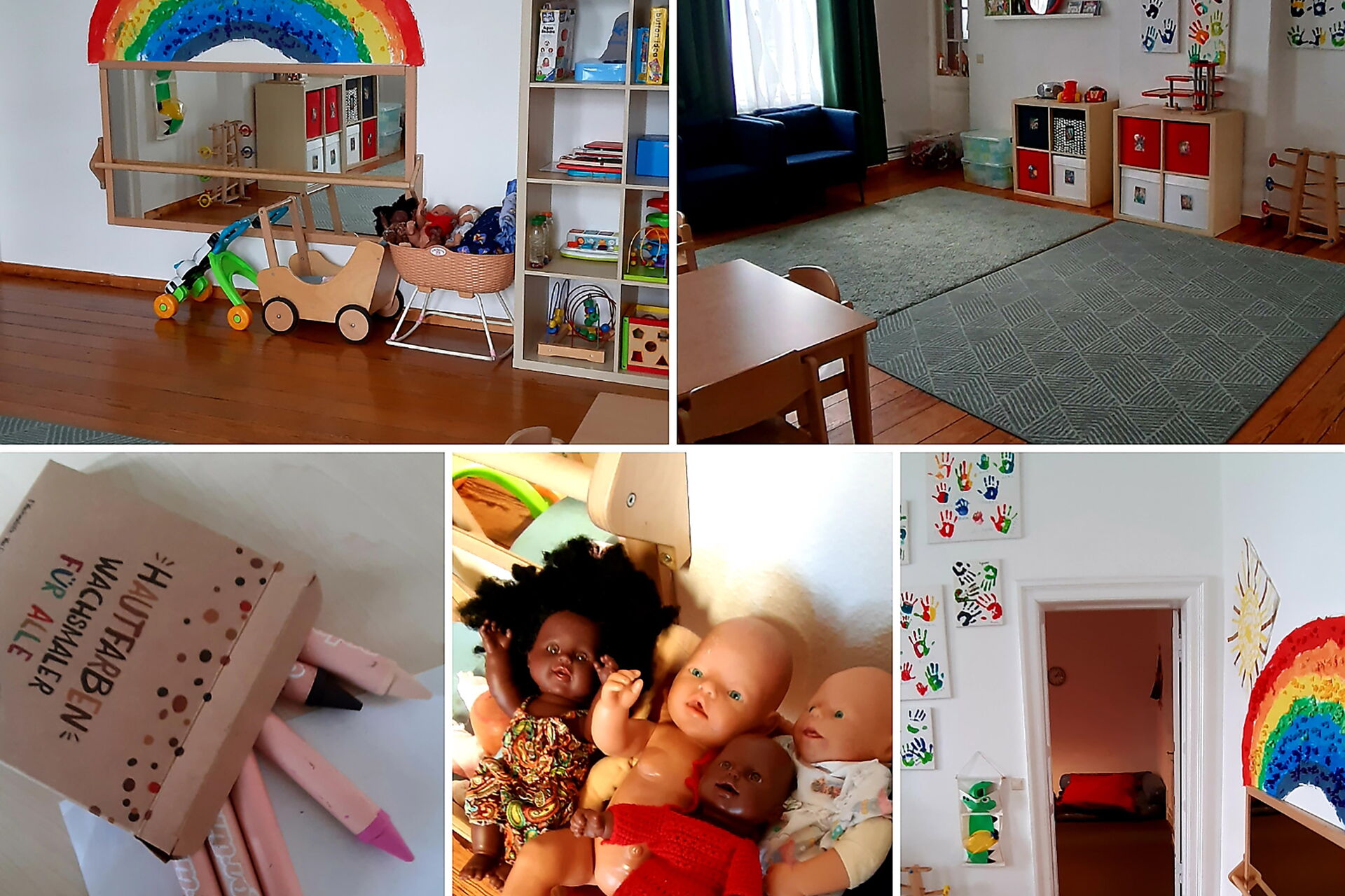 Collage: 5 Fotos. Spielzimmer, Buntstifte, Puppen