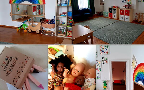 Collage: 5 Fotos. Spielzimmer, Buntstifte, Puppen