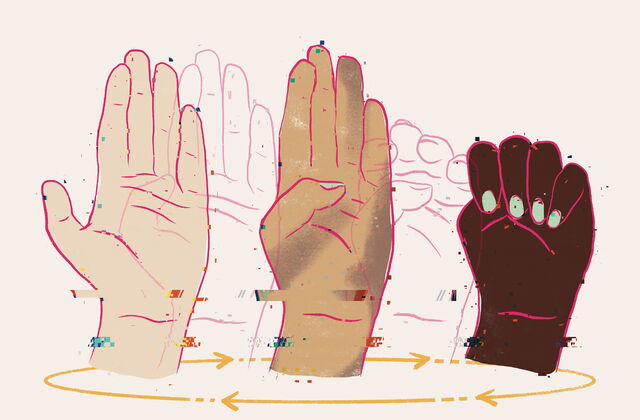 Grafik: 3 Hände in unterschiedlichen Hautfarben. Eine Handbewegung wird symbolisiert. Offene flache Hand, Dauen wird eingenommen, Hand schließt sich zur Faust.