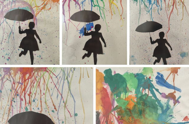 Collage 8 Kinderzeichnungen: Mary Poppins: Frau mit Regenschirm fliegt. Bunte Farbkleckse um sie rum.