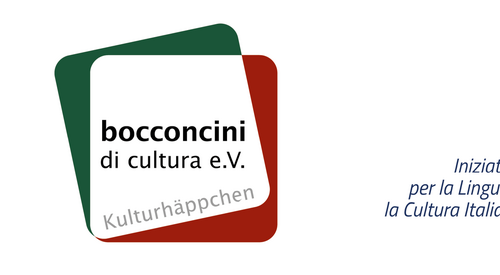 Logo von „bocconcini di cultura e.V.“ in rot, grün und weiß (Farbgebung der italienischen Flagge), daneben das Logo von „Istituto per la Lingua e la Cultura Italiana“ und „Sistema della Formazione Italiana nel Mondo“.