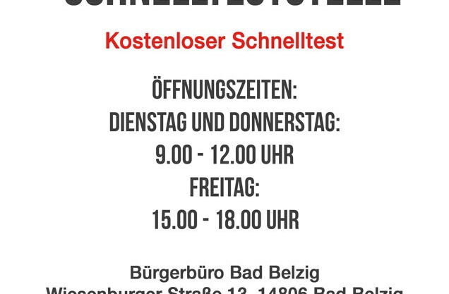Text: AWO Sozialstation Bad Belzig: Kostenloser Schnelltest | Öffnungszeiten: Dienstag und Donnerstag 9 - 12 Uhr | Freitag 15 - 18 Uhr | Bürgerbüro Bad Belzig