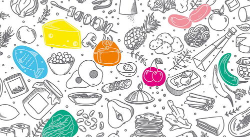 Zeichnung. Lebensmittel. Einige sind farbig. Käse gelb, Fisch blau, Salat und Gurke grün, Kirchen rot. Ananas, Apfel, Marmeladenglas, Pilz, Kartoffel