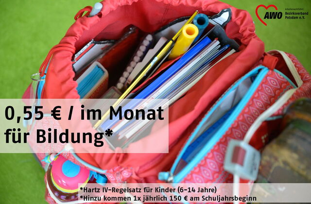 Geöffnete Schultasche mit Schulmaterial. Text: 0,00 Euro im Monat (Hartz IV-Regelsatz für Kinder 6 - 14 Jahre Hinzu kommen 1mal jährlich 150 Euro am Schuljahresbeginn) für Bildung