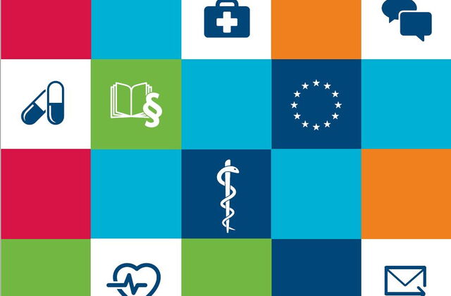 Symbole in farbigen Kacheln. Medizinkoffer, Sprechblasen, Tabletten, Nachricht senden, Europa Sterne, Der Äskulapstab, Herz