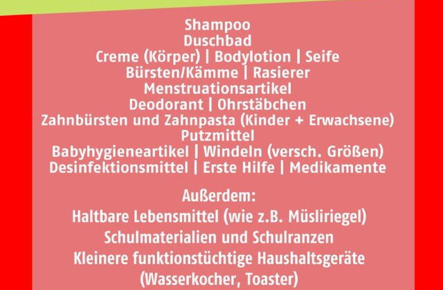 Plakat mit der Aufschrift: Welche Spenden werden dringend benötigt
