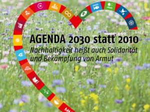 Hintergrund Blumenwiese. Text: AGENDA 2030 statt 2010 Nachhaltigkeit heißt auch Solidarität und Bekämpfung von Armut.