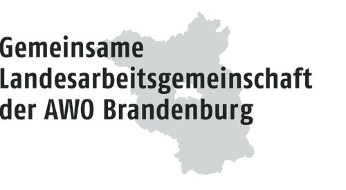 AWO Logo. Grauer Umriss vom Land Brandenburg Text darüber: Gemeinsame Landesarbeitsgemeinschaft der AWO Brandenburg