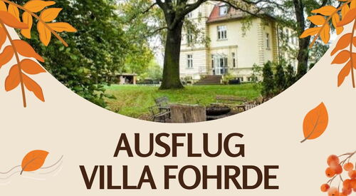 ein Foto der Villa Fohrde. Eine große gelbe Villa im Grünen