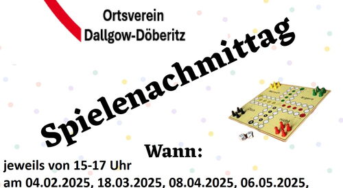Plakat. Aufruf zum Spielenachmittag mit Datum und Ort. Ein Mensch ärgere Dich nicht Spiel ist rechts abgebildet.