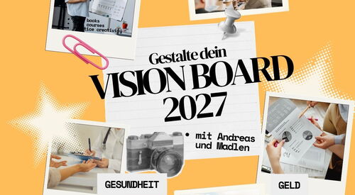 verschiedene Fotos von Menschen in unterschiedlichen thematischen Situationen (Lernen, Geld, Job, Liebe, Reisen, Gesundheit) als Collage gestaltet