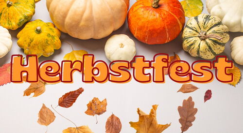 Grafik: oben verschiedene Kürbisse unten Herbstlaub und in der Mitte das Wort "Herbstfest".
