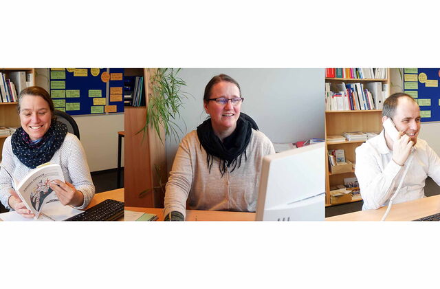 Collage aus drei Fotos nebeneinander. Bild 1 Eine Frau am Schreibtisch blättert in einem Buch, Bild 2 Frau mit Brille sitzt am PC, Bild 3 Ein Mann mit Telefonhörer am Ohr an einem PC-Arbeitsplatz.