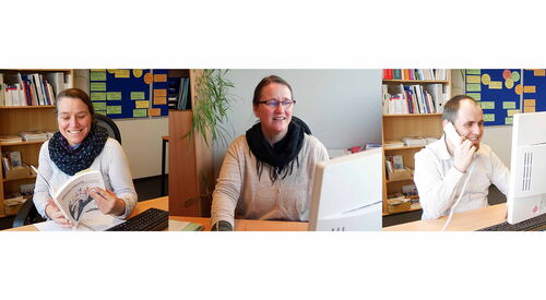 Collage aus drei Fotos nebeneinander. Bild 1 Eine Frau am Schreibtisch blättert in einem Buch, Bild 2 Frau mit Brille sitzt am PC, Bild 3 Ein Mann mit Telefonhörer am Ohr an einem PC-Arbeitsplatz.