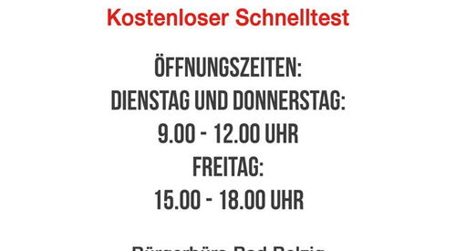 Text: AWO Sozialstation Bad Belzig: Kostenloser Schnelltest | Öffnungszeiten: Dienstag und Donnerstag 9 - 12 Uhr | Freitag 15 - 18 Uhr | Bürgerbüro Bad Belzig