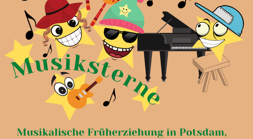 Grafik mit bunten Comic-Instrumenten und Noten auf beigem Hintergrund sowie Text: musikalischer Früherziehung in Potsdam, Berlin und Umland.