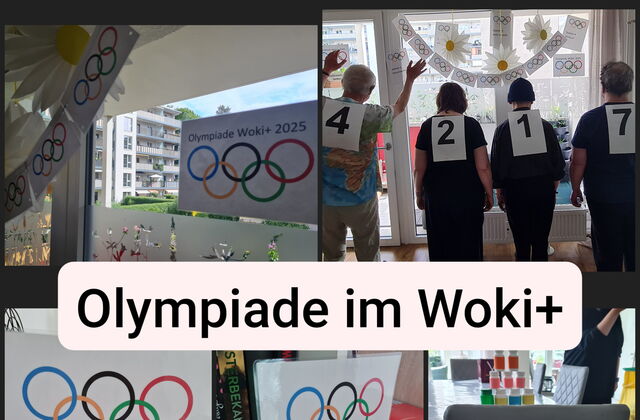 Es sind mehrere Bilder, auf vier Bildern sind Schilder mit den olympischen Zeichen, auf einem sind Bewohner*innen mit Nummern auf dem Rücken