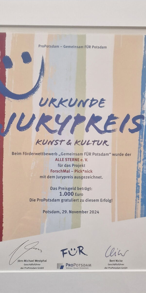 Urkunde in einem Bilderrahmen. Text: Urkunde Jurypreis Kunst und Kultur   Beim Förderpreis "Gemeinsam Für Potsdam"