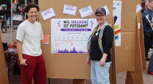 2 Frauen vor einer Stellwand mit Plakat. Die Frage: Wie inklusiv ist Potsdam?   Darunter ein Strahl von 1 bis 10.