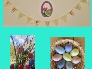 Collage: 3 Bilder, gebastelt Frohe Ostern, ein kleiner Straus mit Ostereiern behangen und ein Körbchen mit 8 bunten Ostereiern.