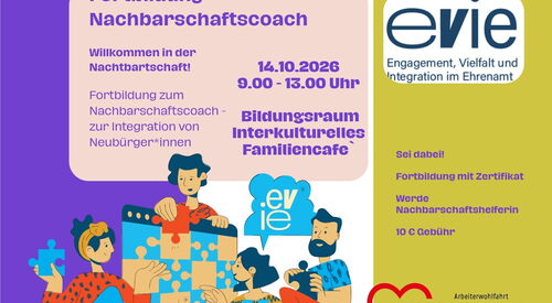 Einladungsflyer zur Fortbildung mit Angabe zum Ort und der Zeit. Zudem sind grafisch gestaltete Menschen die ein Puzzle bauen auf dem Bild und das Logo des Bildungsträgers