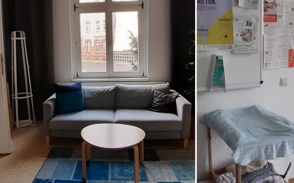 Collage 2 Bilder. 1. Bild Couch vor Fenster kleiner runder Tisch davor. 2. Bild Puppenbett