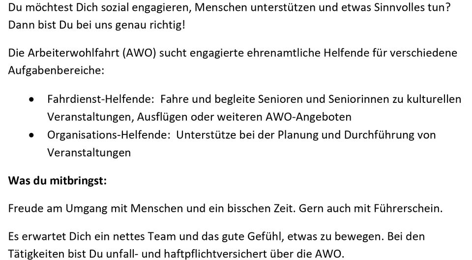 die AWO sucht dich als helfende Hand