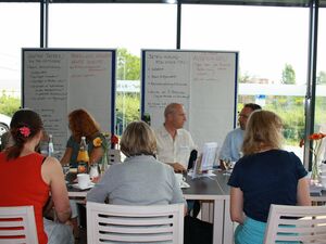 Hinter einem Tagungstisch stehen 2 Flipcharts mit Überschriften, z.B. wichtige Themen, nächste Schritte, Beteiligungsmöglichkeiten, Anregungen.