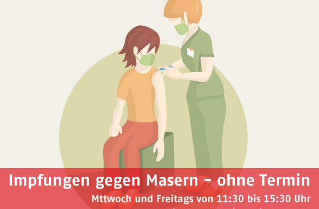 Zeichnung von zwei Menschen mit der Aufschrift: Impfung gegen Masern - ohne Termin