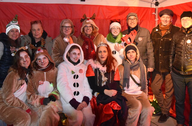 Gruppenbild: 13 Personen, einige verkleidet als Rentier, Schneemann und Fee. Alle sehen sehr fröhlich in die Kamera.