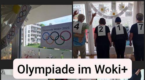 Es sind mehrere Bilder, auf vier Bildern sind Schilder mit den olympischen Zeichen, auf einem sind Bewohner*innen mit Nummern auf dem Rücken