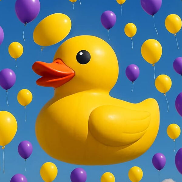 Großes gelbes Quietscheentchen flieg mit lila und gelben Luftballons am Himmel.