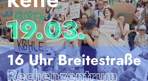 Plakat: Fridays for Future Potsdam Logo. Streikende Menschen. Text: Menschenkette | 19.03., 16 Uhr, Breitestraße | Rechenzentrum bis Filmmuseum